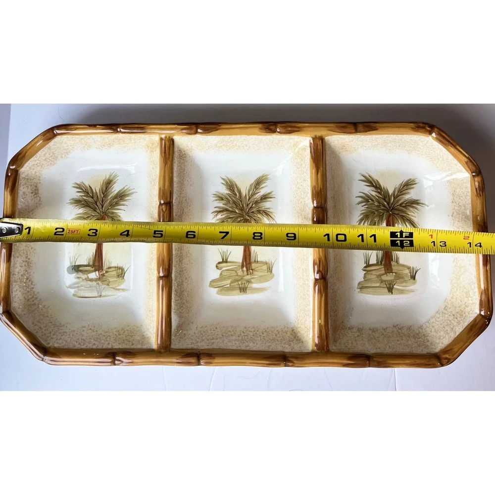 Today's Living Palm Tree Divided Serving Tray Faux Bamboo Ceramic Platter